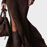 Adrianna - Maxikleid aus braunem Wildleder mit Gürtel und Reißverschluss